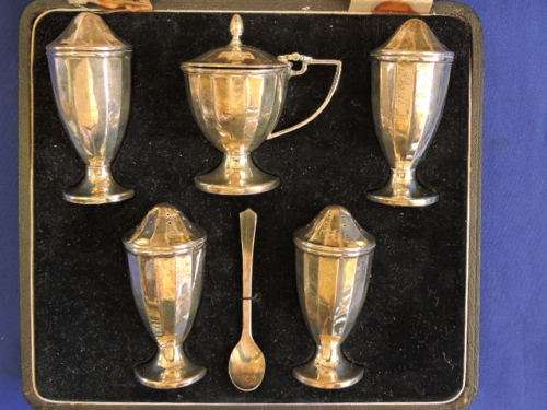 Hallmarked Sterling Silver Boxed 6 Piece Cruet Set BIRMINGHAM 1935