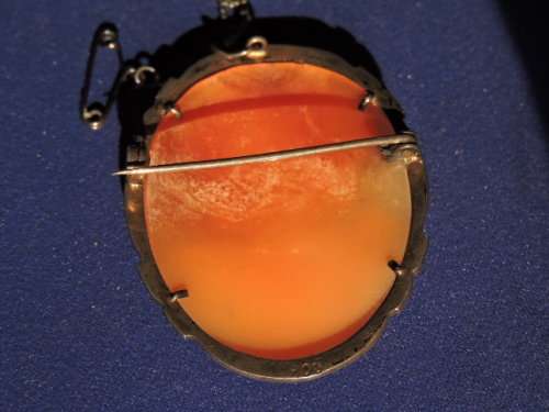 Vintage Silver 800 Shell Cameo Brooch with marcasite and safety chain Jewelry Item