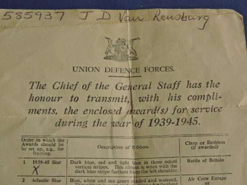 WW2 Medal x3 grouping with certificate issued to J.D Van Rensburg
