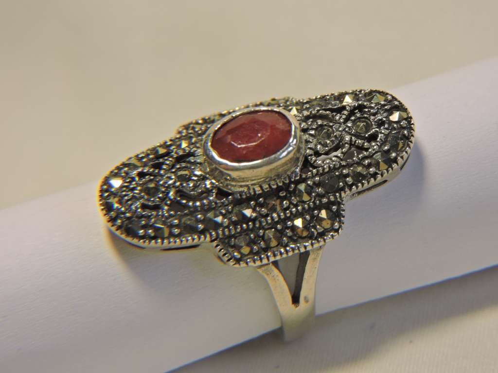 Sterling Silver Ruby & Marquisate (red stone) ring.