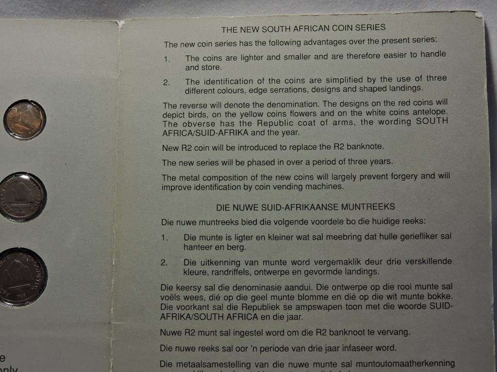 SA 1989 NEW COIN SERIES PATTERN PIECES by SAM ( South African Mint )