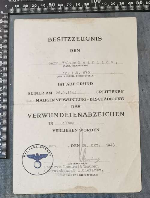 GERMAN WOUND BADGE IN SILVER WITH CERTIFICATE