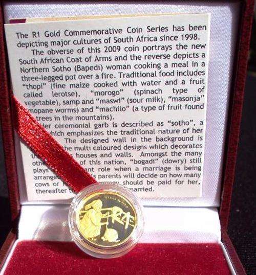 ****2009 CULTURAL SERIES - THE BAPEDI PEOPLE 24 CARAT TENTH OUNCE PROOF GOLD COIN # 105.***