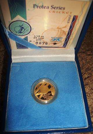 ****FOR BUCKS N GEMS ONLY**** 2003 "CRICKET WORLD CUP"  TENTH OUNCE 24 CARAT R5 GOLD COIN # 137.****