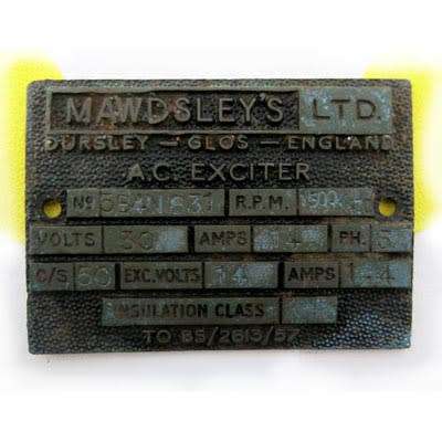 MAWDSLEY'S LTD DURSLEY - GLOS - ENGLAND A.C. EXCITER MACHINE PLATE