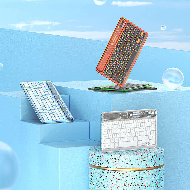 Hoco Slim Bluetooth Wireless Keyboard, Transparent +7 Colour Lighting Effects, S5- Blue