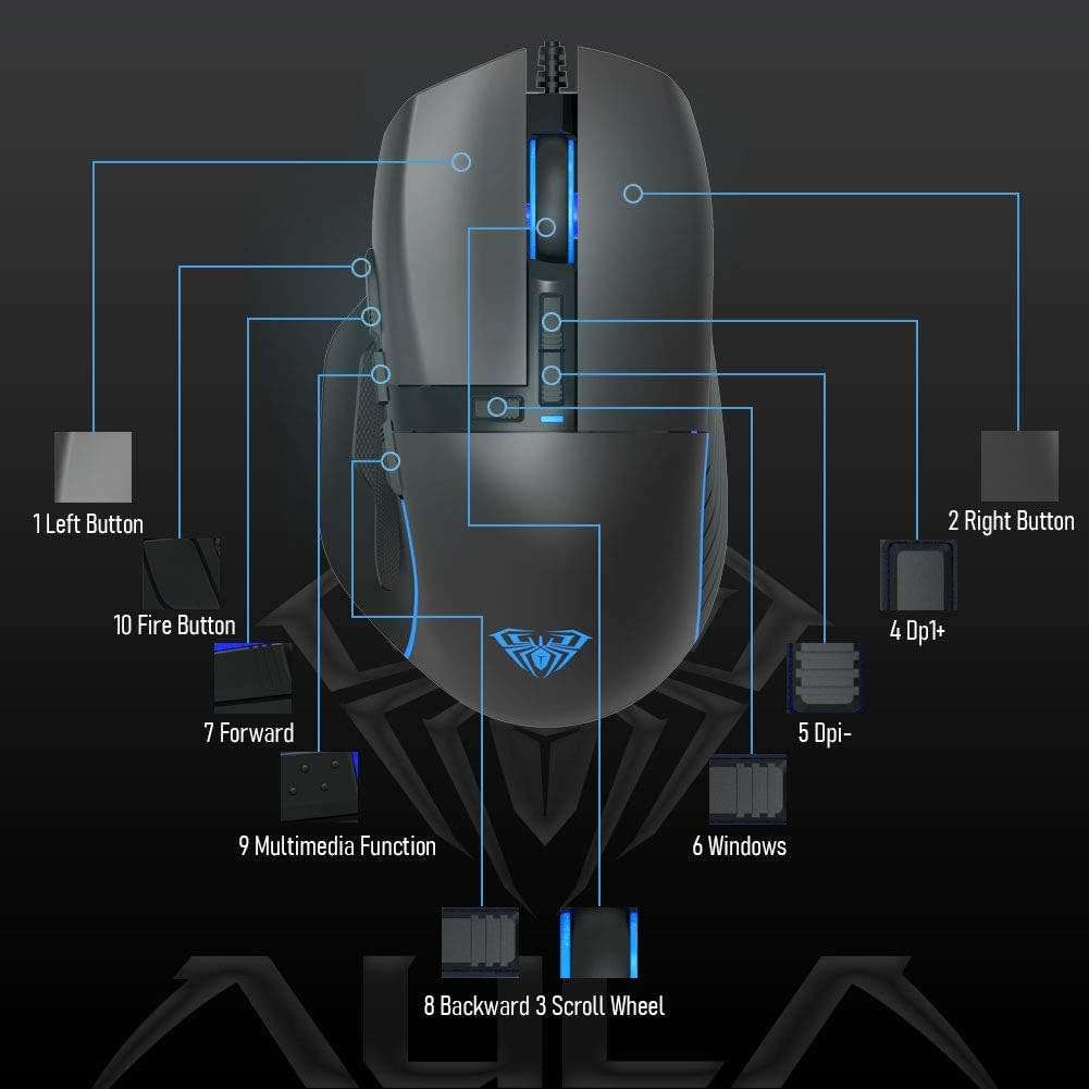 AULA F808 10 Button Gaming Mouse -RGB Backlit- DPI Adjustable