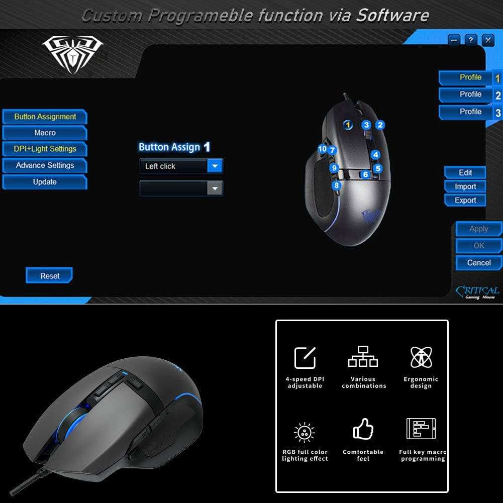 AULA F808 10 Button Gaming Mouse -RGB Backlit- DPI Adjustable