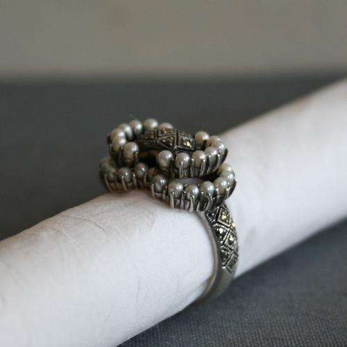 Victorian style sterling silver, pearl & marcasite ring