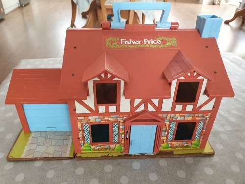 Vintage Fisher Price 1980s Tudor Doll House with Little People, Furniture - Good Used Condition