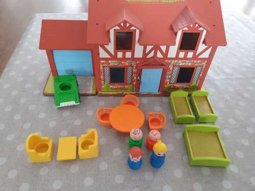 Vintage Fisher Price 1980s Tudor Doll House with Little People, Furniture - Good Used Condition