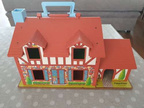 Vintage Fisher Price 1980s Tudor Doll House with Little People, Furniture - Good Used Condition
