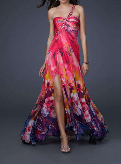 Pink printing MUTI COLOR flower Matric farewell evening  one shoulder dress FREE SHIPPING!!!