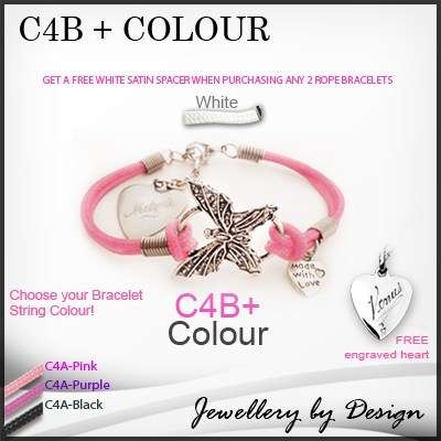 BUTTERFLY rope bracelet, comes with a free engraved Stainless Steel Heart. Comes in 3 colours.