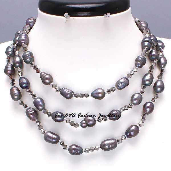 NATURAL PEARL NECKLACE & EARRING SET in GORGEOUS GREY