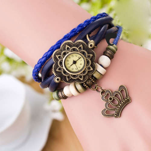 Weave Women Watches Ladies Vintage Charm Crown Decoration Leather Bracelet Quartz Wrist Watch