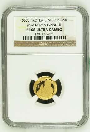 2008 1/10th 24ct gold  Protea South africa G5R Mahatma Gandhi pf68 "Ultra Cameo"