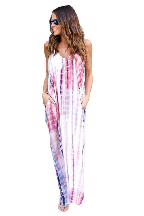 Pink Tie Dye Print Boho Pocketed Maxi Dress