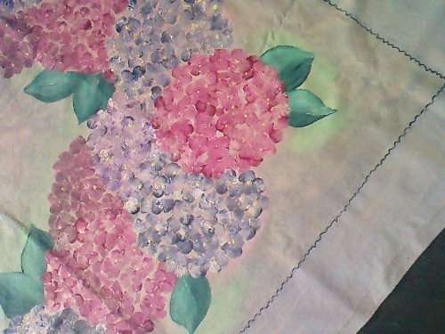 Bright vintage hand painted hydrangea tablecloth