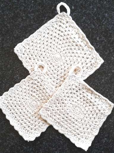 Three cotton crochet pot / plate holders fabric reverse side
