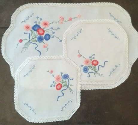 Attractive embroidered linen three piece dresser set