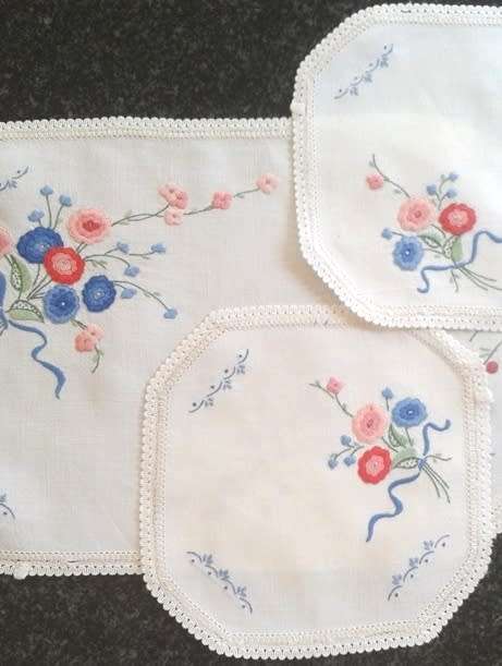 Attractive embroidered linen three piece dresser set