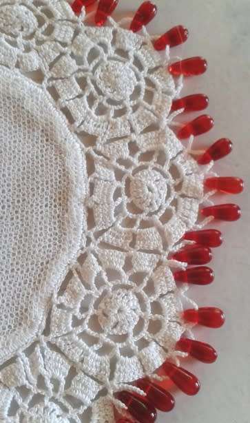 Red glass teardrop beaded doilie net centre