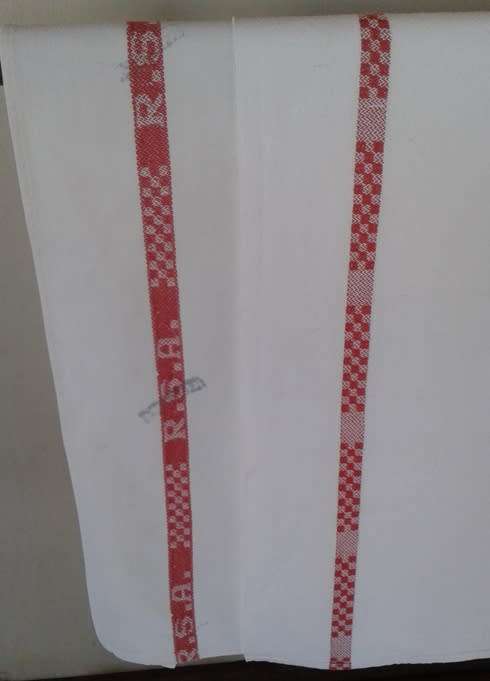 Two vintage linen kitchen glass cloths red stripes