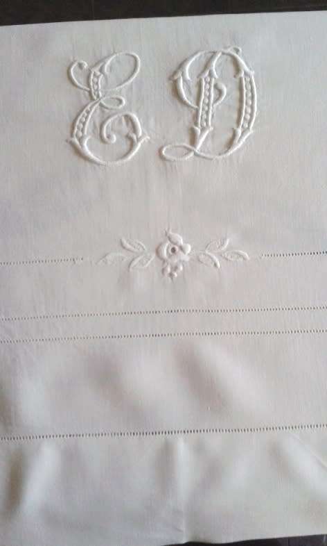 Antique linen bed sheet monogram ED