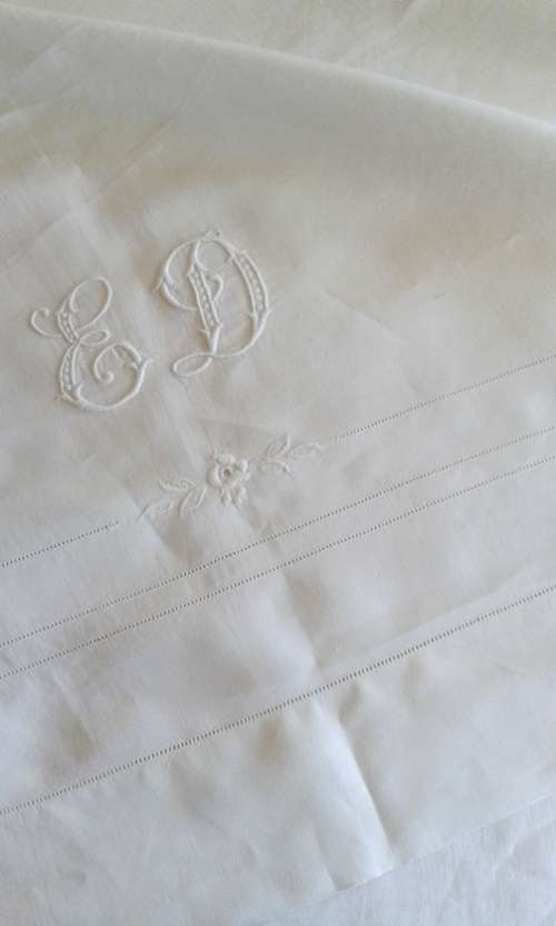 Antique linen bed sheet monogram ED