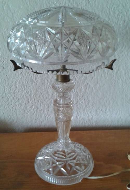 Large vintage cut glass table lamp and shade