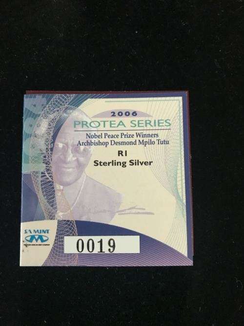 # 2006 R1 Silver Proof Coin - Protea Series - Desmond Tutu - Mintage 1375 COA 0019 #
