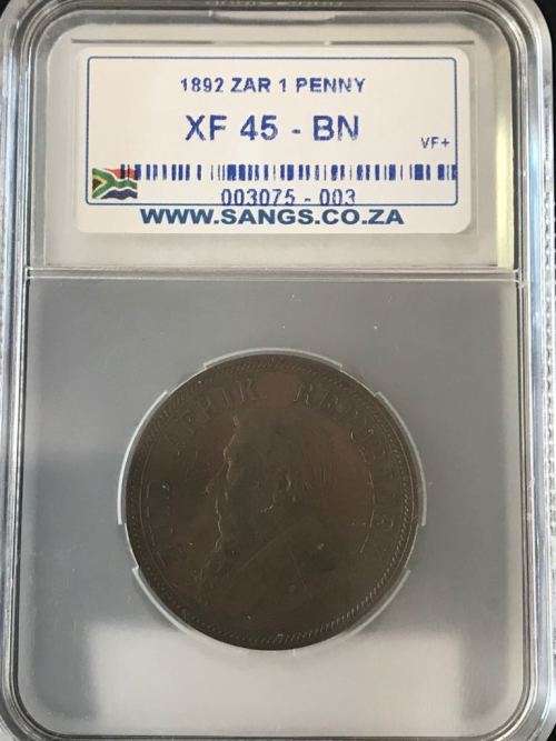 # 1892 ZAR 1 PENNY : SANGS GRADED EX45  - BN #