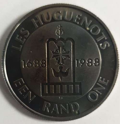 1988 Protea R1 : Les Hugenote 1 Rand Coin in blue SAM box