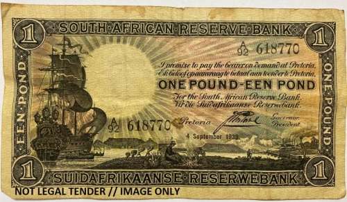 Circulated 1 Pound Note Signed by Gov. J. Postmus, No: A92 618770