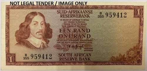 SA One Rand Note Signed Gov T.W. De Jongh, B355/959412, 3rd Issue.