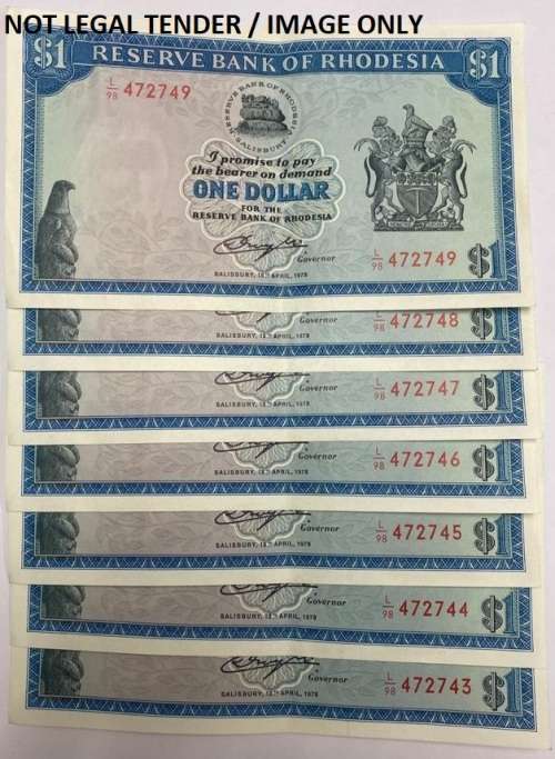 Rhodesian 10 Shillings Note of 18 April 1978 Salisbury No: L98/472743 to 472750.
