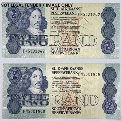 Gov. G. De Kock Consequential R2 Notes, 3rd issue No: FN5301868 and 69.