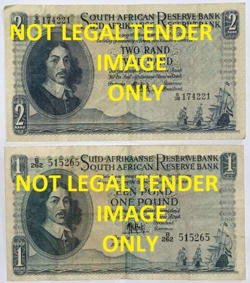 Gov. M.H. De Kock, 1 Pound 3rd Issue, 2 Rand 4th issue.