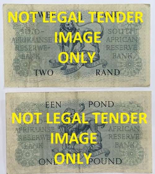 Gov. M.H. De Kock, 1 Pound 3rd Issue, 2 Rand 4th issue.