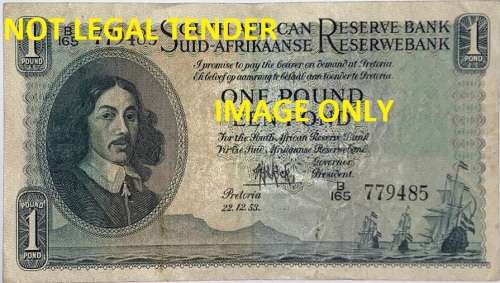 Gov. M.H. De Kock, 3rd Issue 1 Pound of 22.12.53, No: B-165-779485.