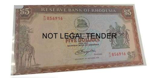 5 DOLLARS RESERVE BANK OF RHODESIA - WITH FACE WATER MARK