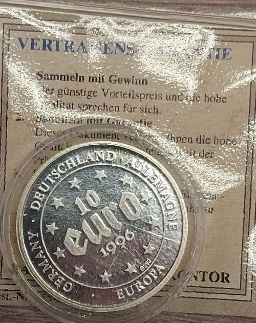 1996 10 EURO  DEUTSCHLAND ALLEMAGNE PROOF COIN WITH 999 FINE SILVER AND CERTIFICATE