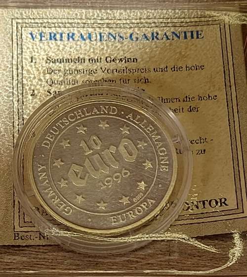 1996 10 EURO  DEUTSCHLAND ALLEMAGNE PROOF COIN WITH 999 FINE SILVER AND CERTIFICATE
