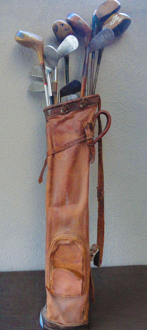 Vintage Leather Golf bag with wooden Irons! Take me!!!!
