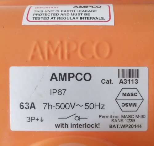 AMPCO Three Phase 63A Switched Socket with interlock