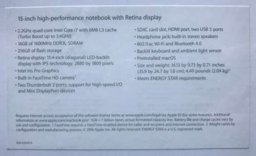 Mid 2015 Apple MacBook Pro 15 Inch i7 2.2GHz / 16GB / 256GB SSD - 1 Year AppleCare Warranty