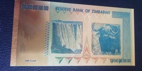 Zimbabwe 100 Trillion Dollars Gold Banknote