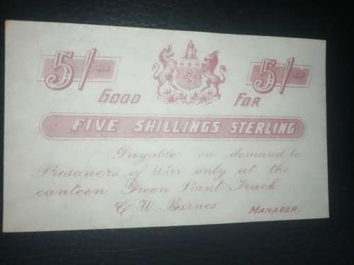 Anglo Boer War Green Point Canteen Prisoner of War 5 Shillings coupon