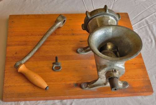 Vintage hand crank meat grinder/mincer on wooden stand - OC no. 22